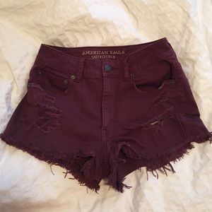 Dark maroon distressed shorts