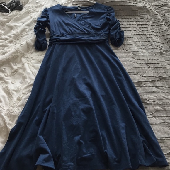 NWT Blue faux wrap dress with ruched sleeves
