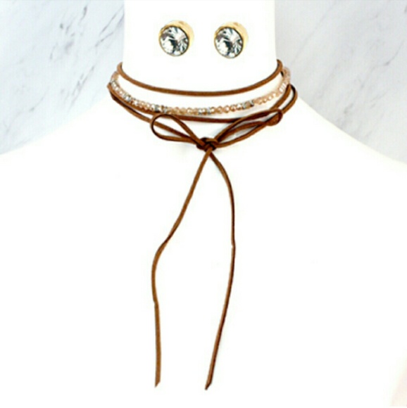 Suede Crystal Choker Black or Brown - Picture 2 of 2