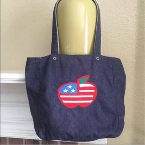 American Flag Apple Denim Blue Tote Bag Purse
