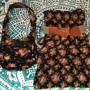 Black and floral print purse and dress bundle