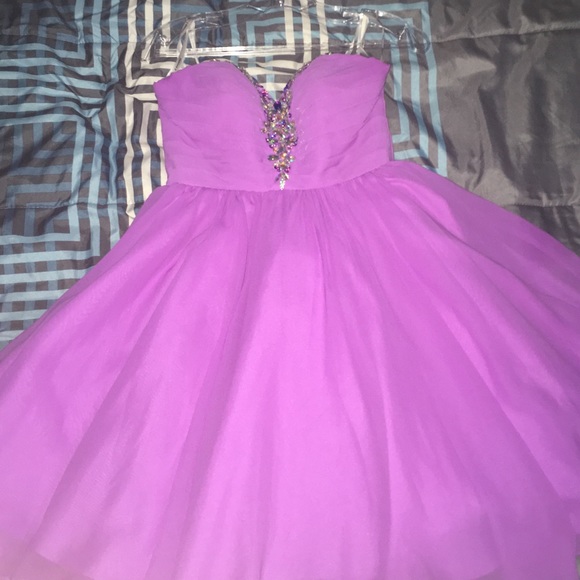 lavender strapless homecoming dress with gems