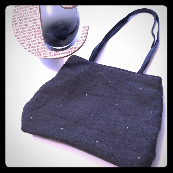 Grey tweed mini tote with rhinestone accents 🍁