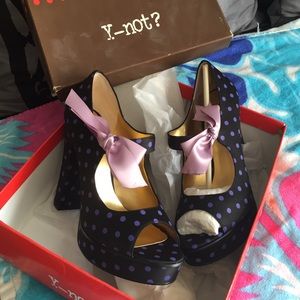 4" platform black & purple polka dotted heels.