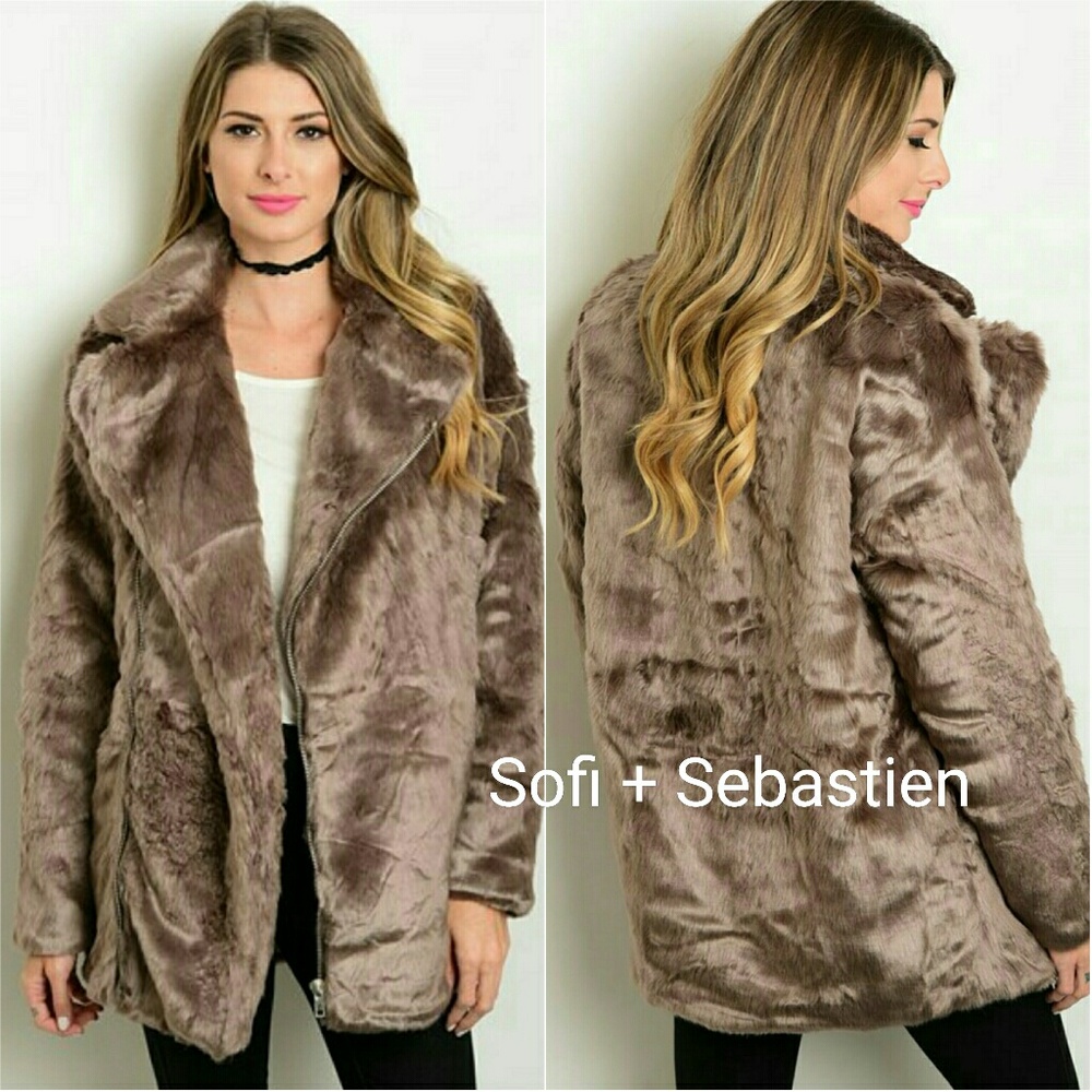 1 left! Faux Fur coat moto zipper Mocha Brown - Picture 2 of 5