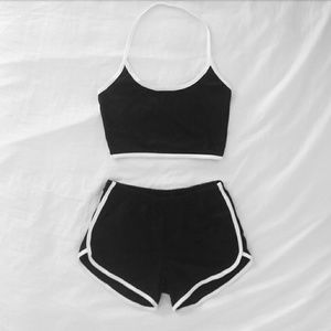 BLACK HALTER TOP & COTTON SPORTS SHORTS SET