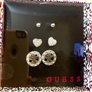 Cute Set of 3 x Silver Shiny Crystal Studs, Guess