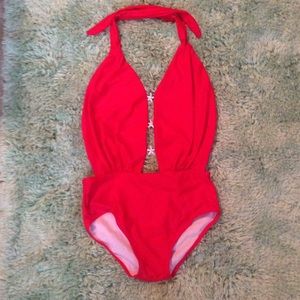 Red Halter One Piece Swimsuit