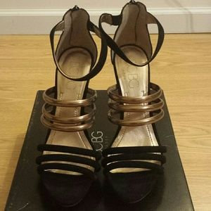 BCBG black and gold strappy heels