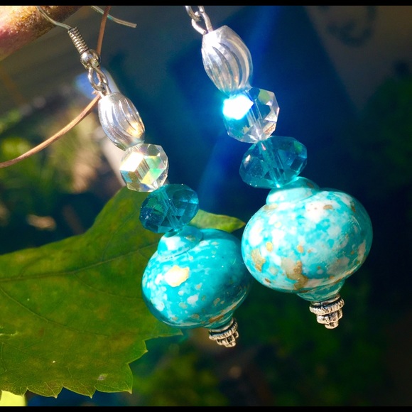 HandCrafted Crystal, Turquoise and silver earrings