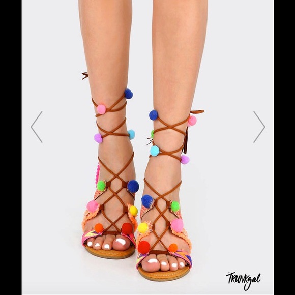 $25.00 POSH COGNAC POM POM LACE-UP SANDALS - Picture 3 of 4