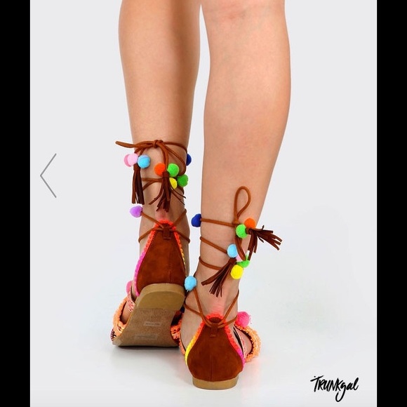 $25.00 POSH COGNAC POM POM LACE-UP SANDALS - Picture 4 of 4