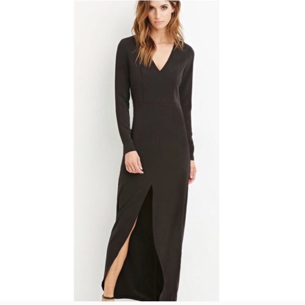 Black front slit, long sleeved dress