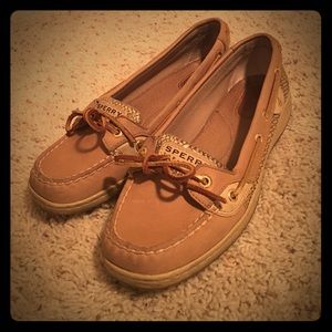 Tan and gold Sperry shoes