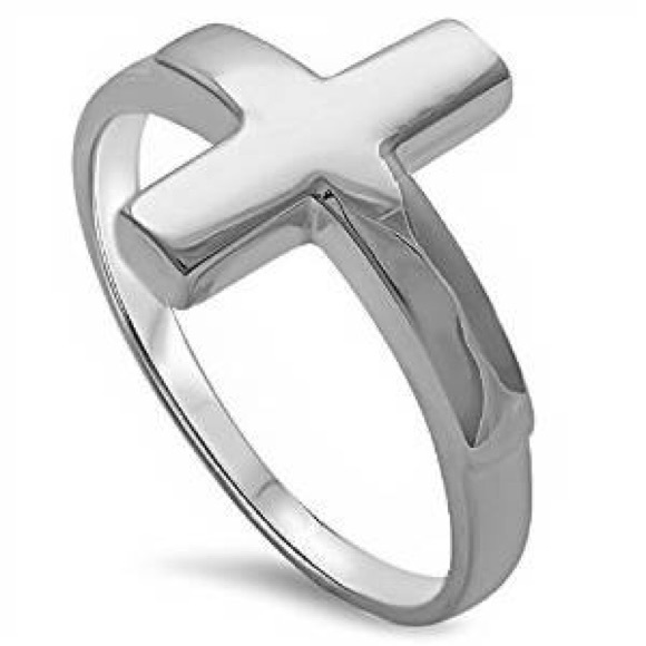 Sideway Cross Plain 925 Sterling Silver Ring - Picture 1 of 5