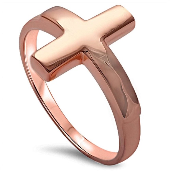 Rose Gold Plated Silver Sideways Cross Ring - Picture 1 of 2