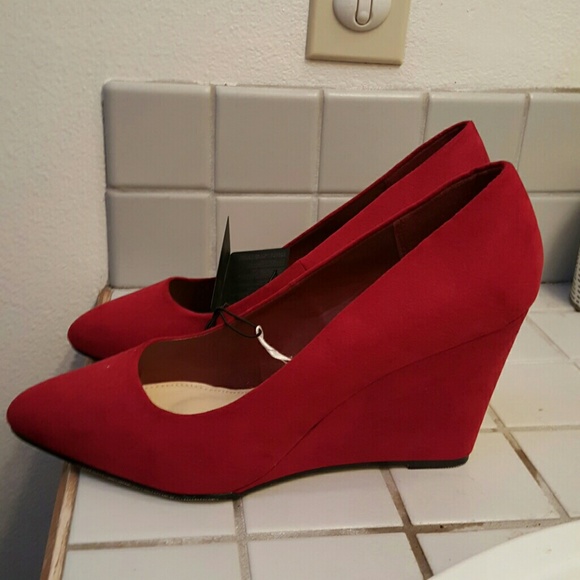 Red faux suede wedge heels