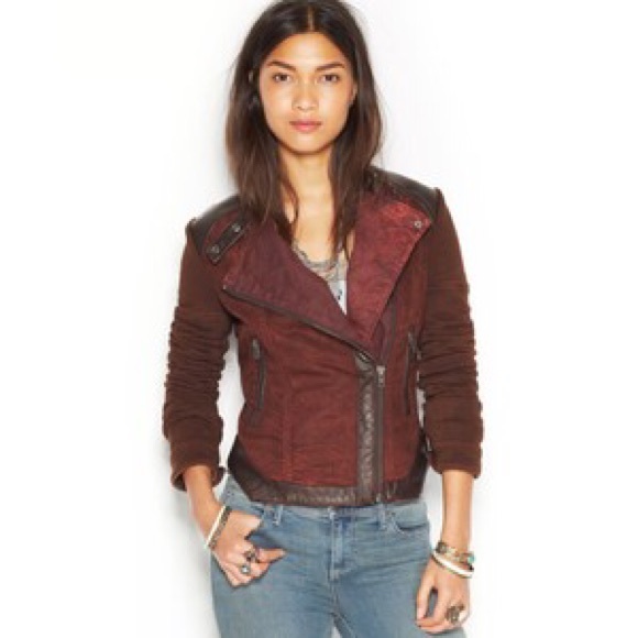 Free People Mixed Media Moto Jacket Burgundy