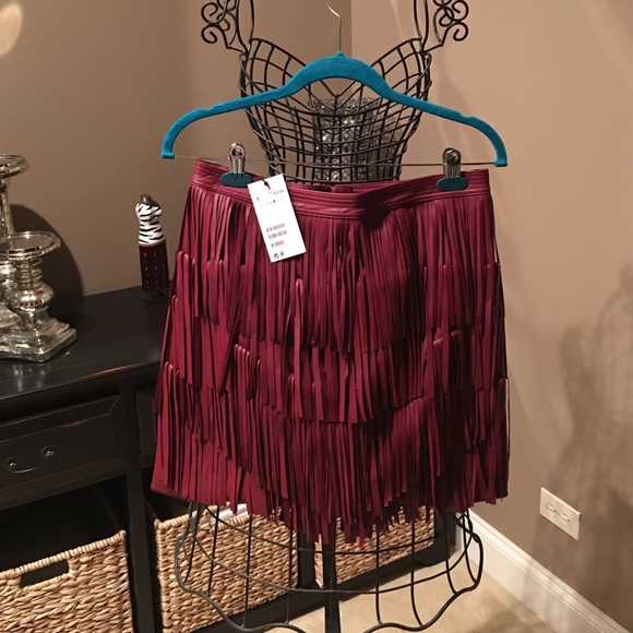 Burgundy Fringe Faux Leather Skirt