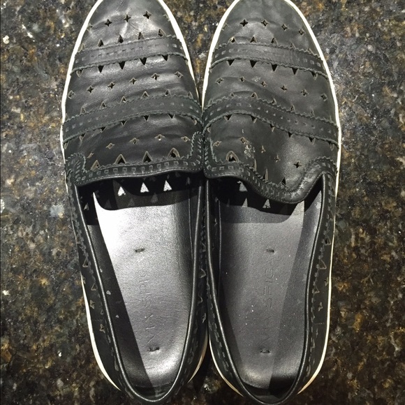 Via spiga black leather perforated slip ons