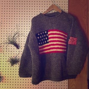 Hand Knit Wool American Flag Grey Sweater