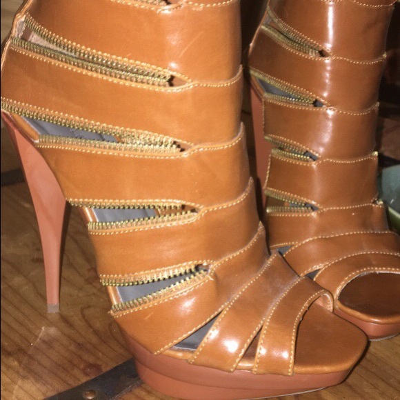 Brown leather peep toe mid high platform stiletto