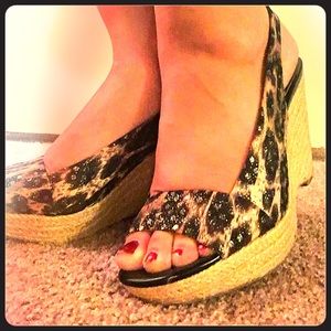 Anne Klein Leopard Sparkle Wedge Slingback Heels