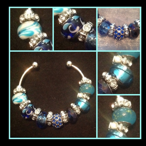 Turquoise Crystal Murano bead charm cuff bracelet