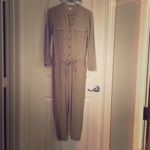 Long sleeve neutral tan color jumpsuit