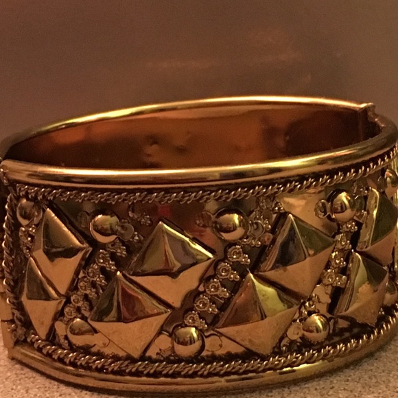 Golden Brass Spiked and Beaded Hinge Cuff Bracelet