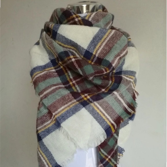 Mint Blue Brown Navy Plaid Blanket Scarf - Picture 2 of 3