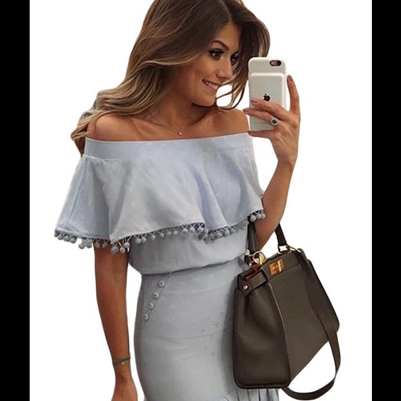 Blue Pom Pom Trim off-the-shoulder Mini Dress