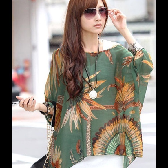 Boho Feather Pattern Chiffon Blouse - Picture 1 of 3
