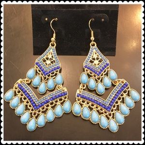 Blue fish hook dangle earrings