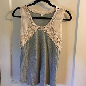 J crew gray tank with blush colored lace trim