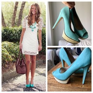 Turquoise peep toe pumps