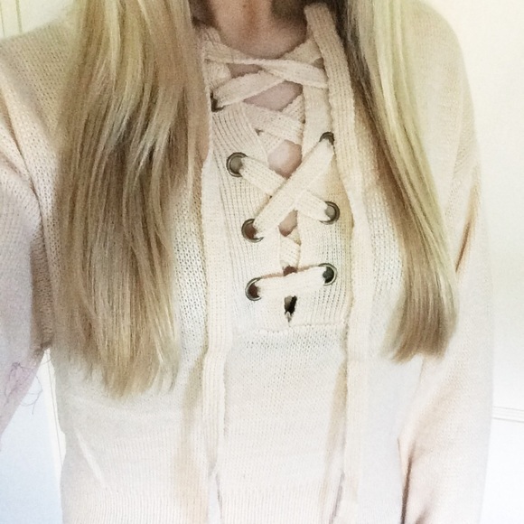 ❤️SOLD❤️ Beige Lace Up Ribbed Bottom Sweater - Picture 2 of 4