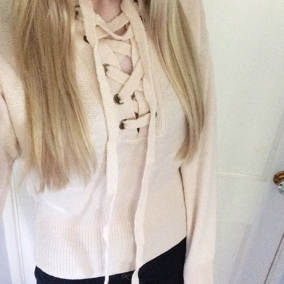 ❤️SOLD❤️ Beige Lace Up Ribbed Bottom Sweater - Picture 3 of 4