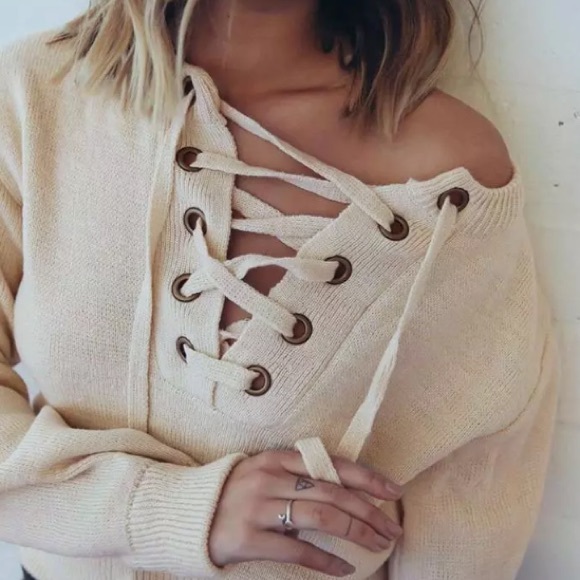 ❤️SOLD❤️ Beige Lace Up Ribbed Bottom Sweater - Picture 4 of 4