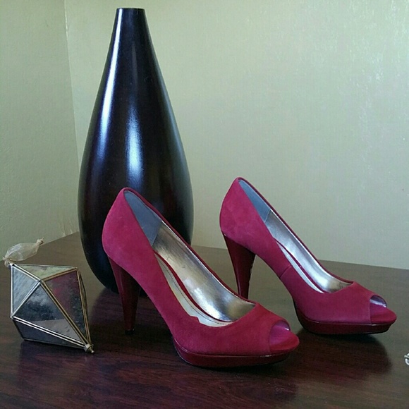 Celine Red Suede & Patent Leather Peep Toe Heels 7 - Picture 1 of 1