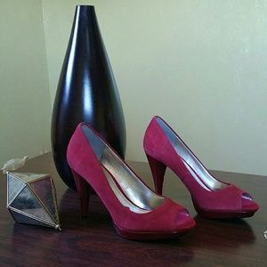 Celine Red Suede & Patent Leather Peep Toe Heels 7