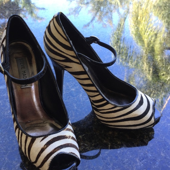 Steve Madden Zebra stripe fur peep toe pumps