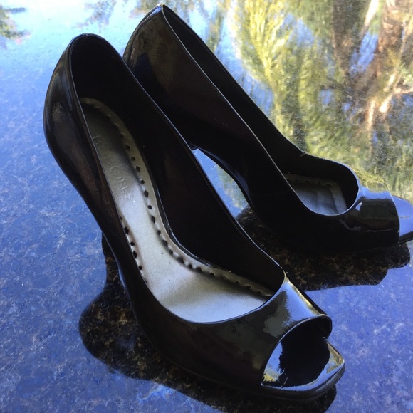 BCBGirls black patten peep toe pumps