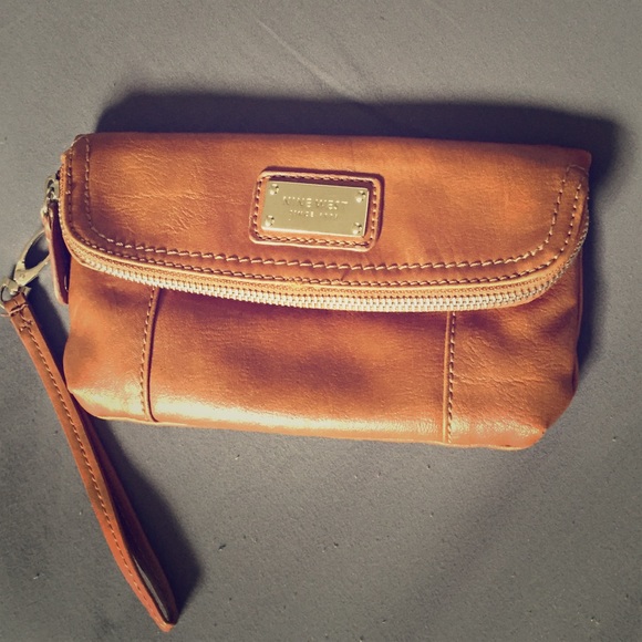 Brown leather and silver Nine West wristlet clutch