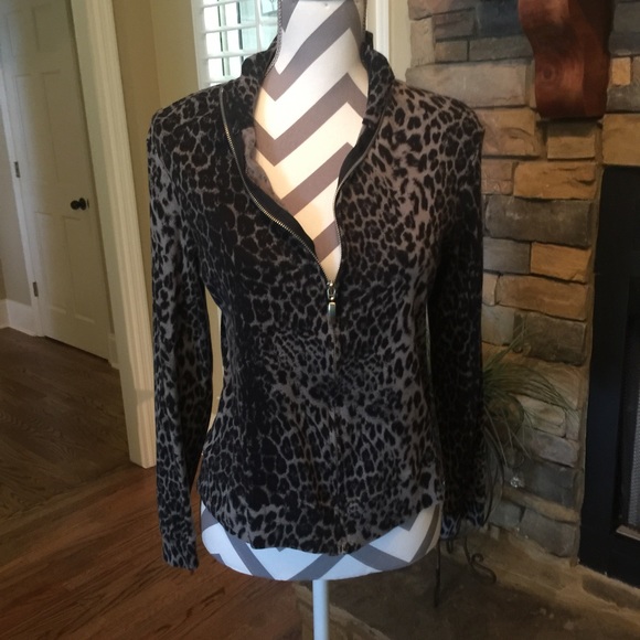 Rafaella grey and black leopard zip front sweater