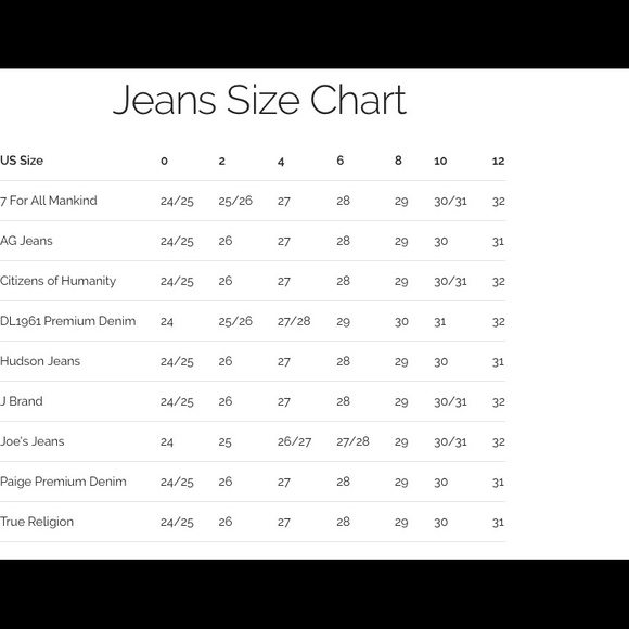 Name Brands Sizing Chart - Picture 1 of 1