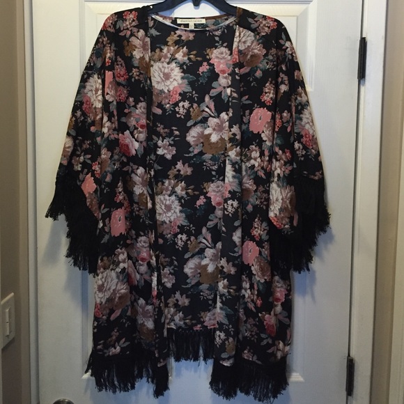 Daniel Rainn Sweaters - Black with Roses and fringe Kimono