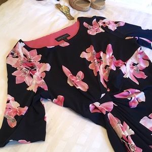 Navy Faux Wrap Dress with Mauve and Cream