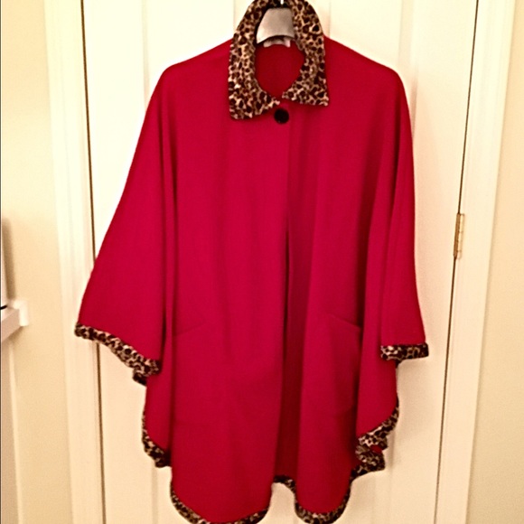 Red poncho with faux leopard trim