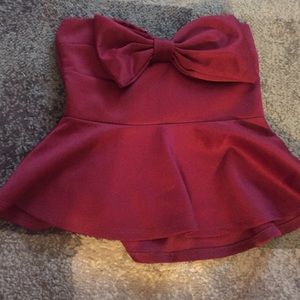 Maroon strapless peplum bow top